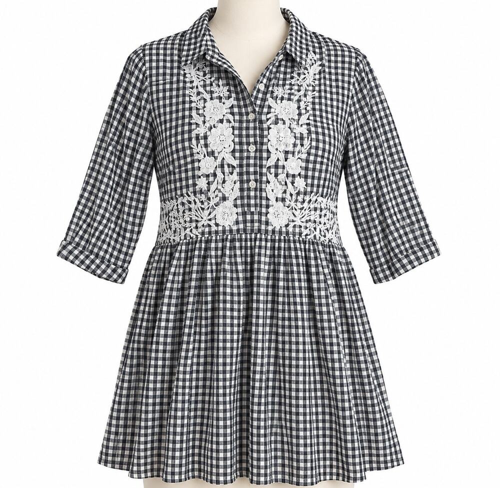 Philosophy Dresses Pocketed Gingham Embroidered Shirt Dress Women's L